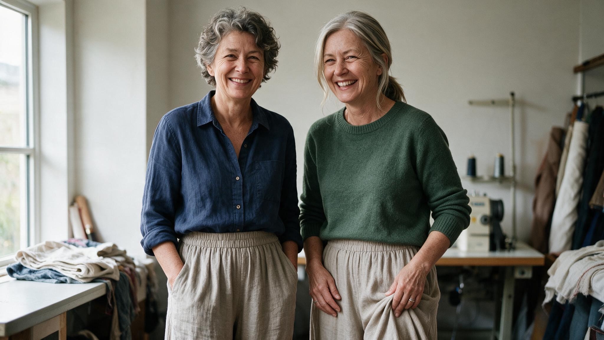Jarrah and Grace together in the workroom, both wearing the Fluid Comfortable Pants