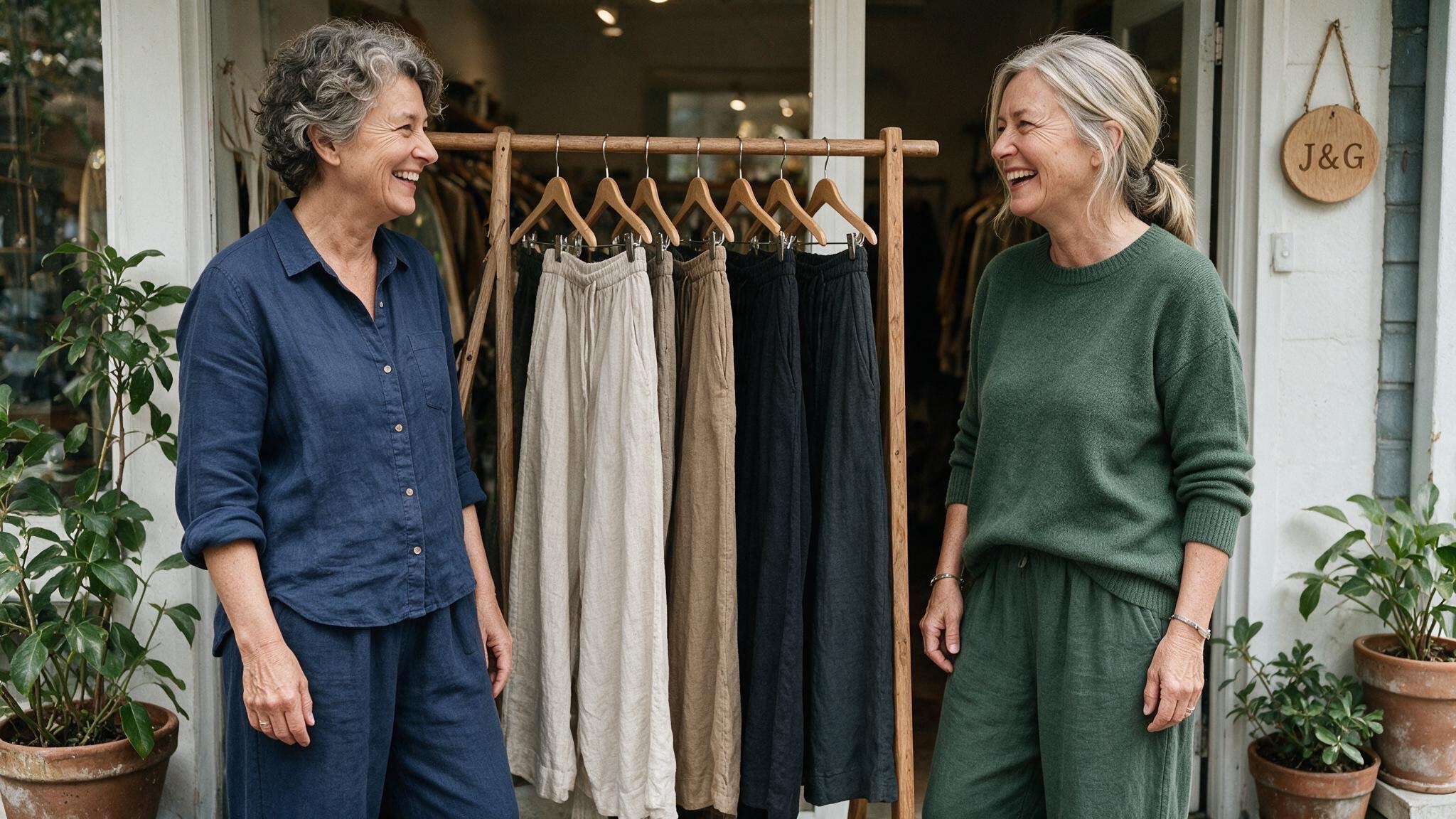 Jarrah and Grace outside their boutique doorway, a rack of the Fluid Comfortable Pants between them